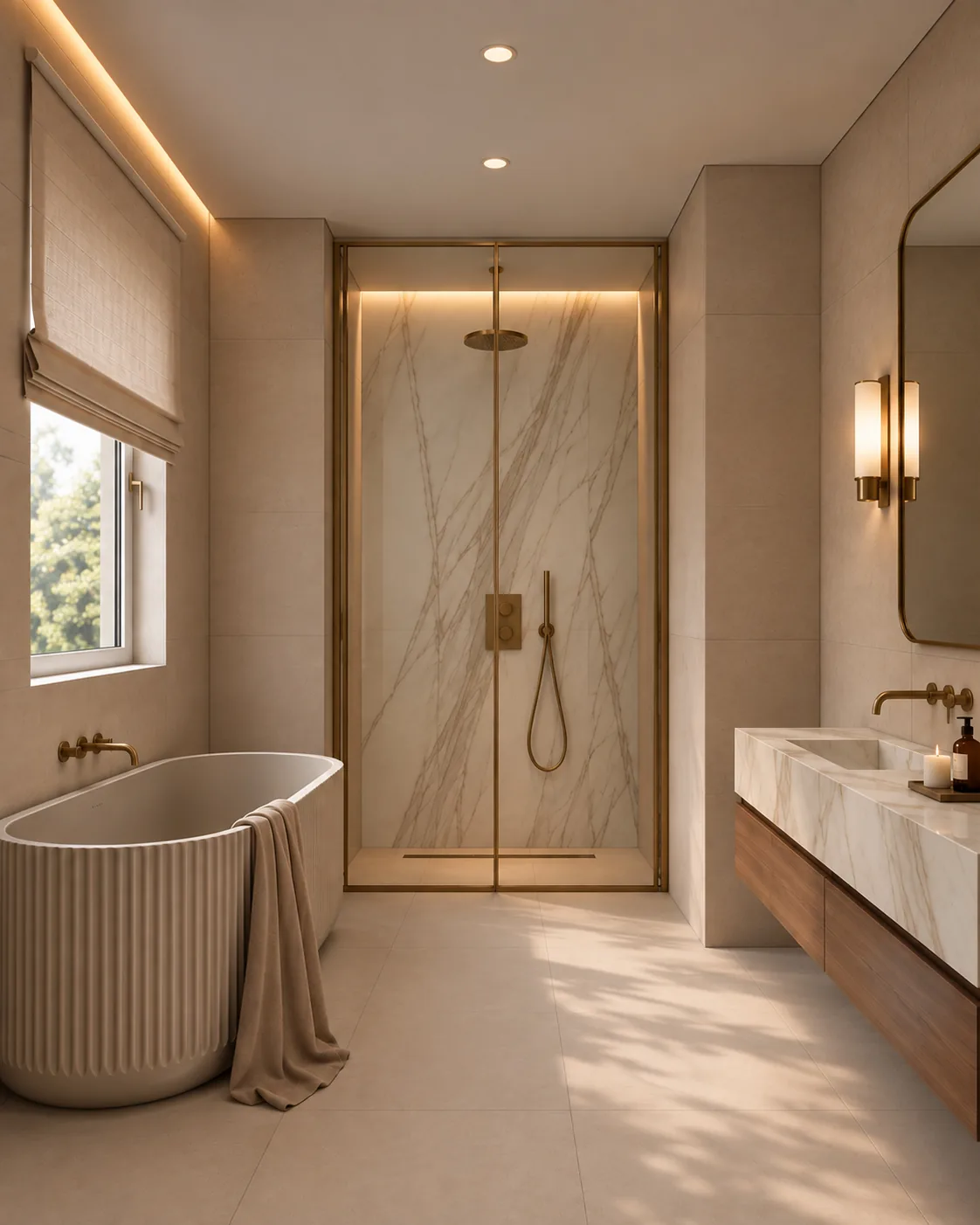Render di un bagno in pietra chiara venata: vasca freestanding cannettata, doccia in vetro con profili in ottone, mobile lavabo in legno e luce radente dalla finestra.