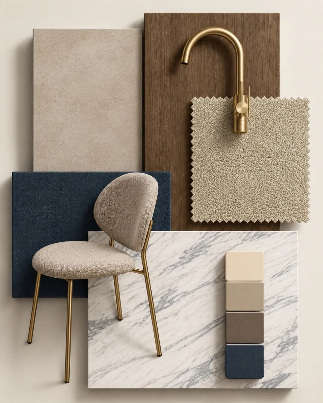Moodboard della cucina: noce, gres sabbia, tessuto blu notte, bouclé, marmo bianco venato, rubinetto in ottone spazzolato e una sedia imbottita.