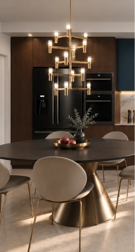 Render della zona pranzo: tavolo tondo con base in ottone, sedie imbottite, lampadario a bracci dorati e colonne in noce.