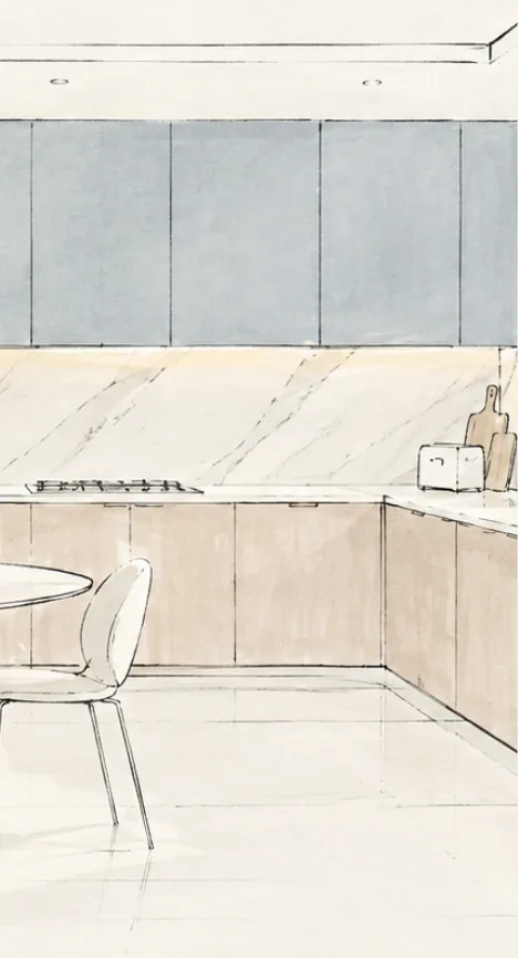 Schizzo ad acquerello della cucina: pensili azzurro polvere, alzata in marmo e basi in legno chiaro.