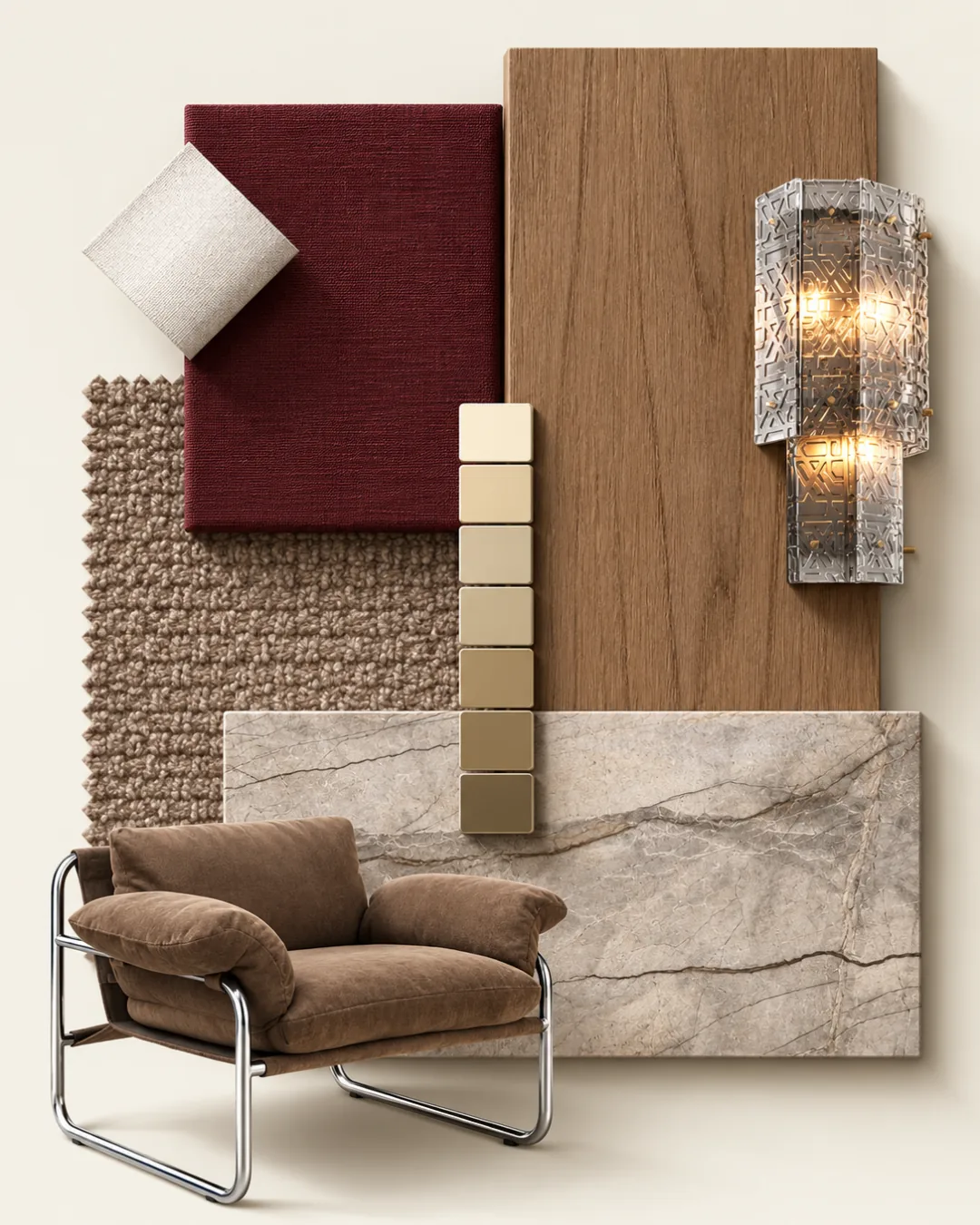 Moodboard del living: tessuto bordeaux, bouclé, rovere, pietra venata, campioni in ottone, applique in vetro fumé e poltrona in velluto marrone.